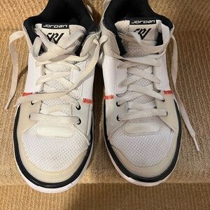 Jordan Youth White and Black Sneakers with Red Highlights